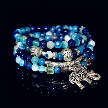 Handmade 999 Silver Plated Natural Agate Elephant & Buddha Charm Bracelet