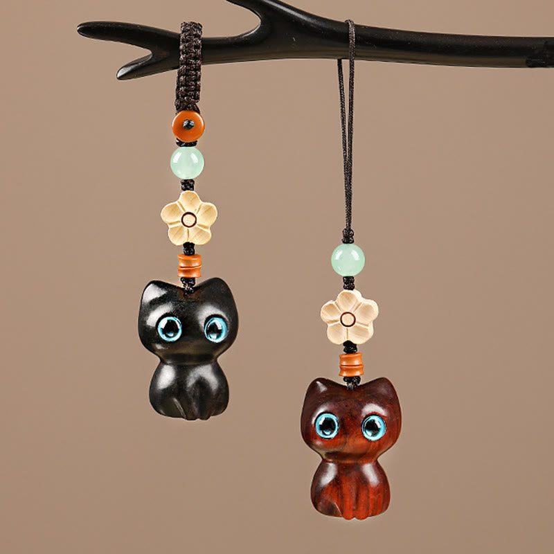 Hand-Carved Lucky Cat Wood Charm with Green Aventurine, Boxwood & Olive Wood Phone Keychain
