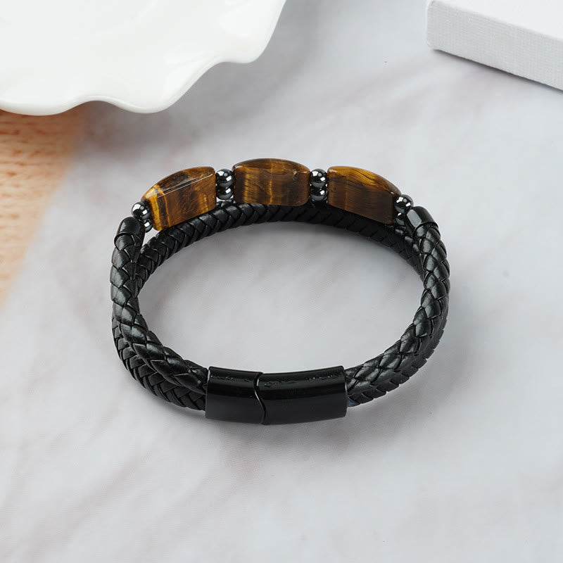 Natural Tiger Eye and Hematite Leather Bracelet with Magnetic Buckle
