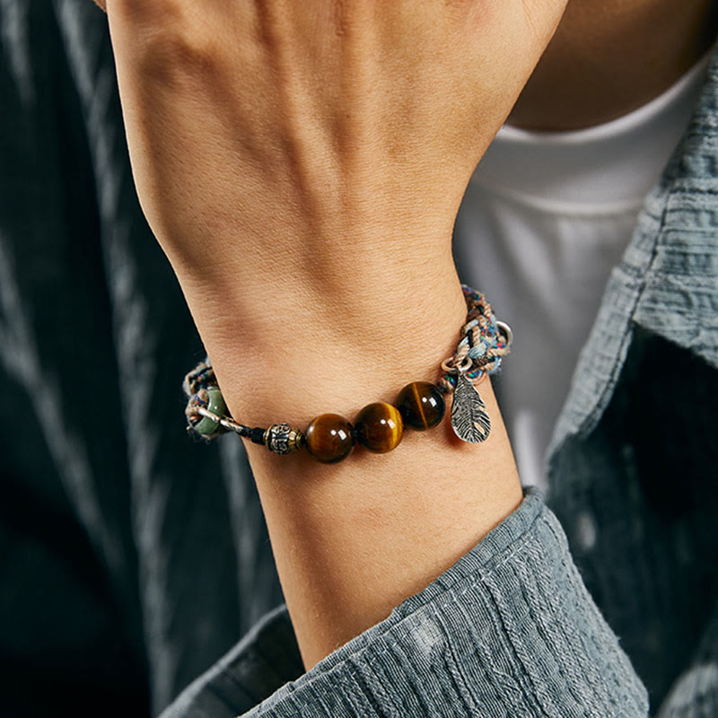 Handmade 925 Sterling Silver Tiger Eye & Jade Om Mani Padme Hum Colorful Rope Bracelet
