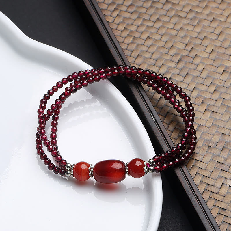 Natural Garnet Red Agate Protection Triple Layer Bracelet