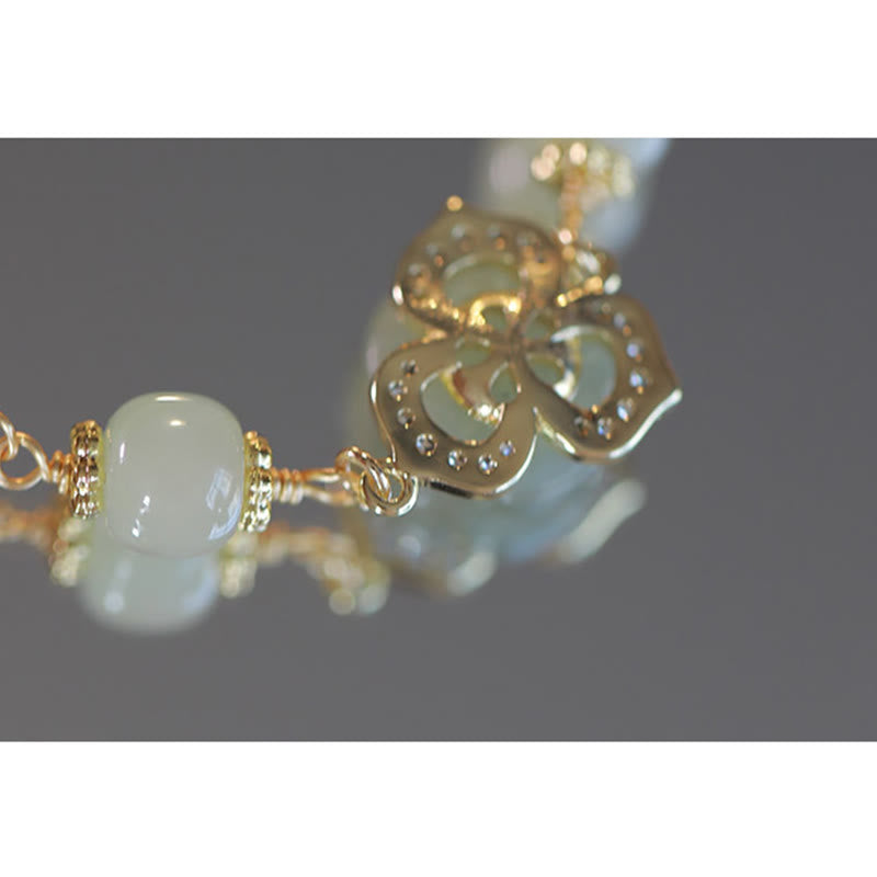 14K Gold Plated Hetian Jade Rose Flower Copper Chain Bracelet