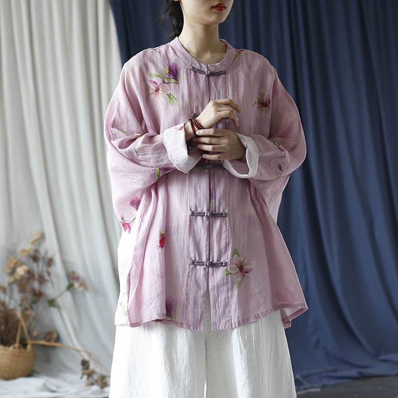 Pink Flower Print Frog-button Design Batwing Long Sleeve Ramie Linen Jacket Shirt