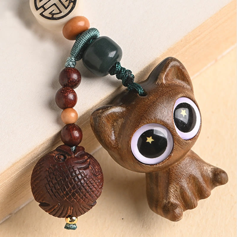 Green Sandalwood Lucky Cat Koi Fish Cure Key Chain Phone Hanging Decoration