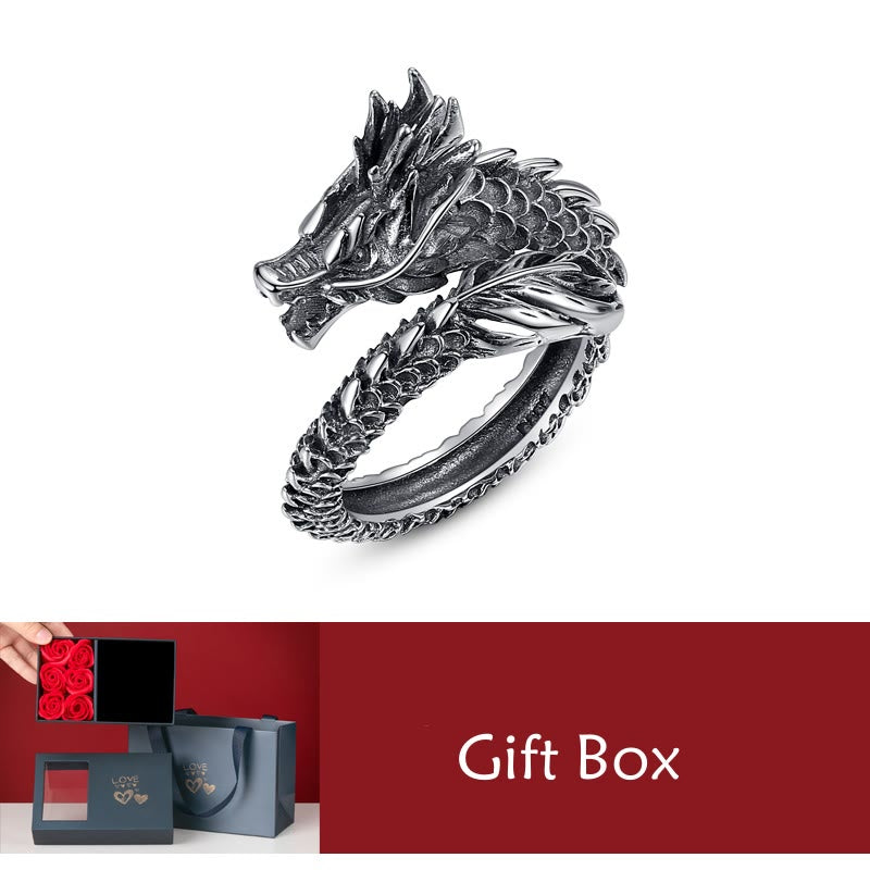 925 Sterling Silver Vintage Dragon Success Protection Strength Adjustable Ring