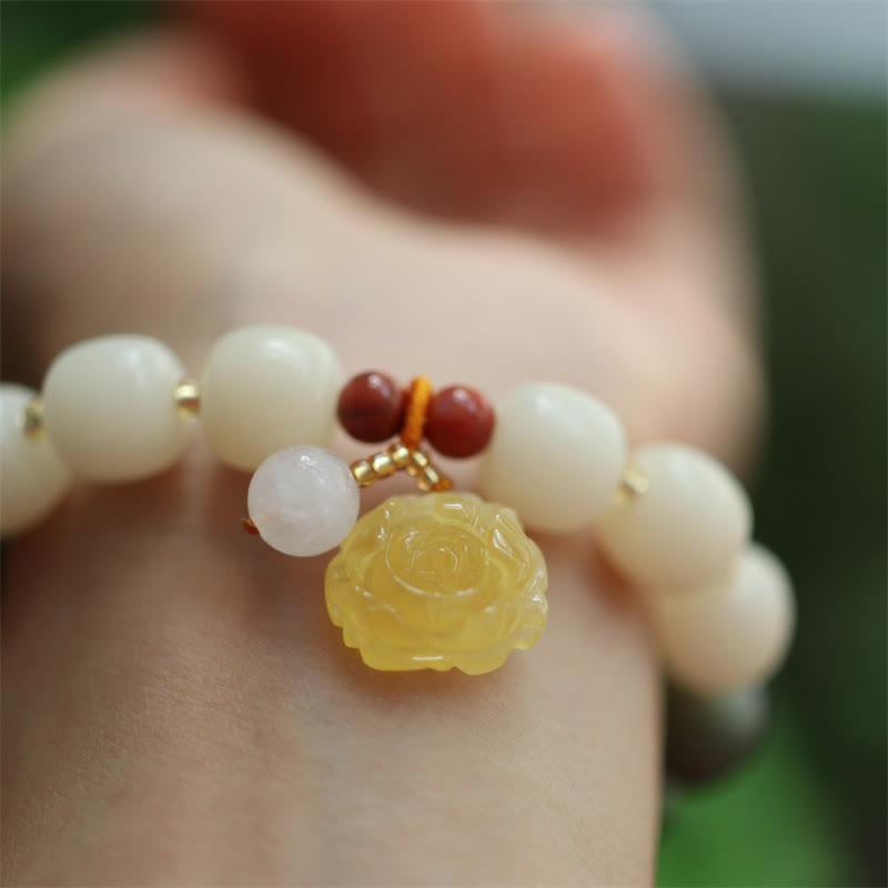Gradient Bodhi Seed, Amber, Golden Silk Jade & Red Agate Lotus Symbol Unisex Elastic Bracelet