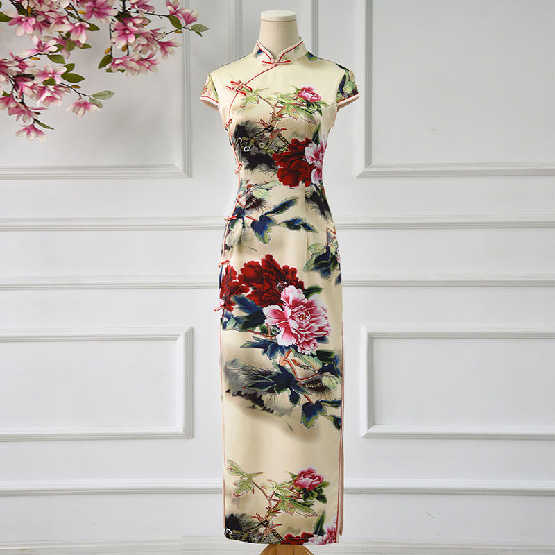 Tactile Knit Peony Print Mindful Ritual Cheongsam Dress