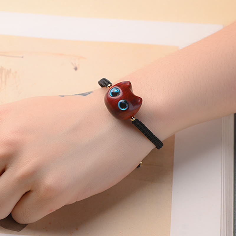 Small Leaf Red Sandalwood Ebony Wood Cute Cat Head Calm Protection Braided Bracelet