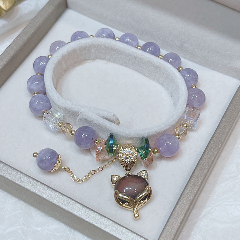 Natural Purple Jade and Clear Quartz Fox Charm Beaded Bracelet