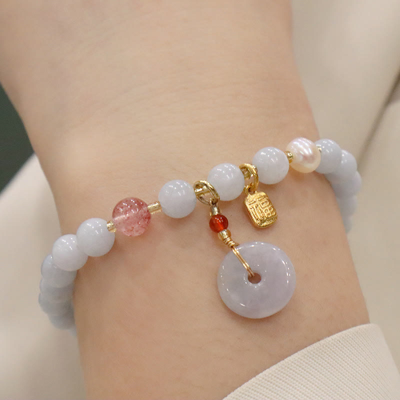 Natural Aquamarine & Chalcedony Beaded Charm Bracelet with Pearl & Symbolic Accents