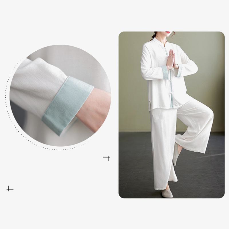 2Pcs Tang Suit Long Sleeve Shirt Top Pants Meditation Zen Tai Chi Cotton Linen Clothing Women's Set