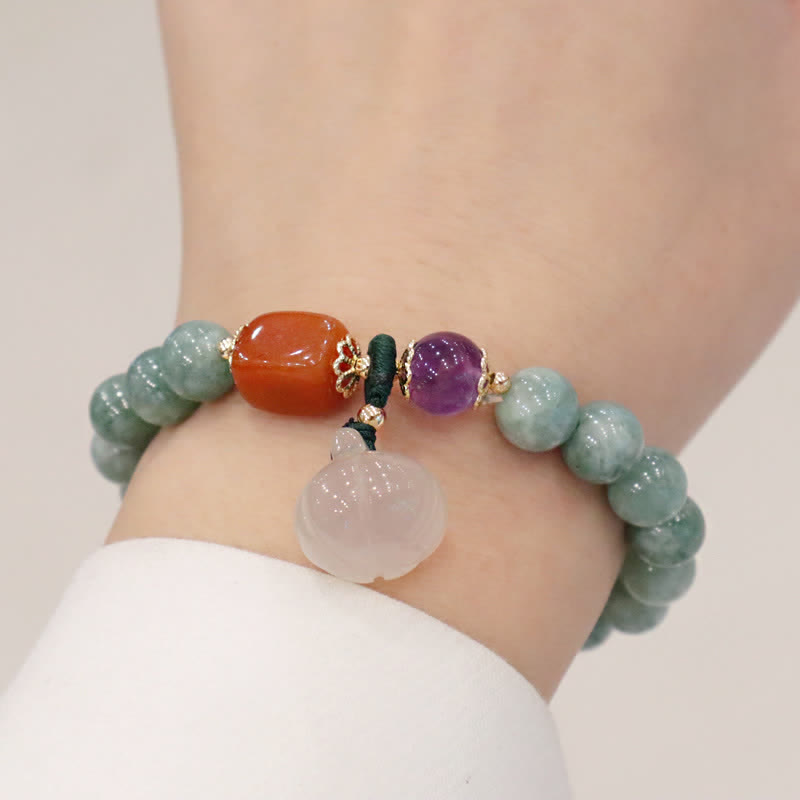 Cyan Jade, Golden Silk Jade & Amethyst Crystal Bracelet with Chalcedony & Energetic Styles