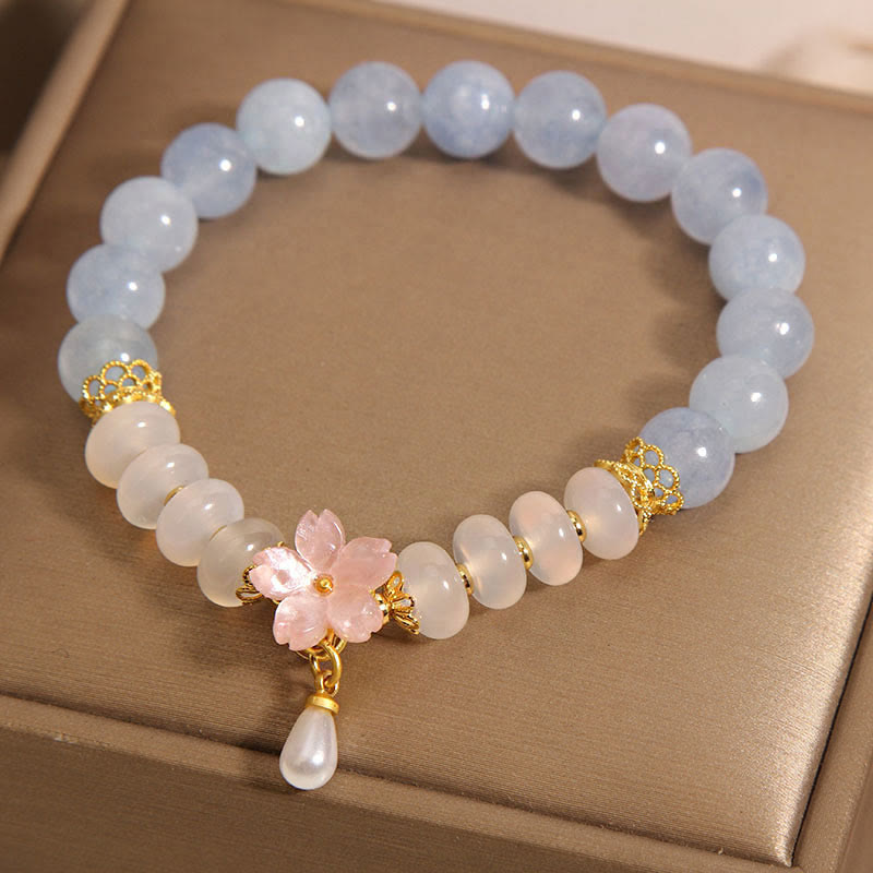 Aquamarine & White Agate Pearl Abacus Bead Bracelet with Floral Charm