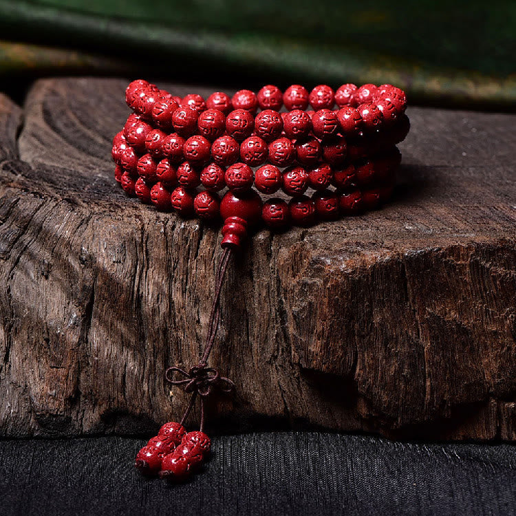 108 Mala Beads Cinnabar Om Mani Padme Hum Pattern Engraved Blessing Bracelet