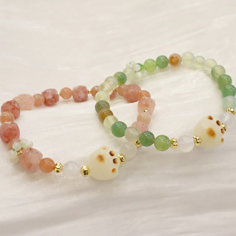 Natural Bodhi Seed and Cat's Eye Beaded Bracelet with Green Agate or Sunstone Cat Paw