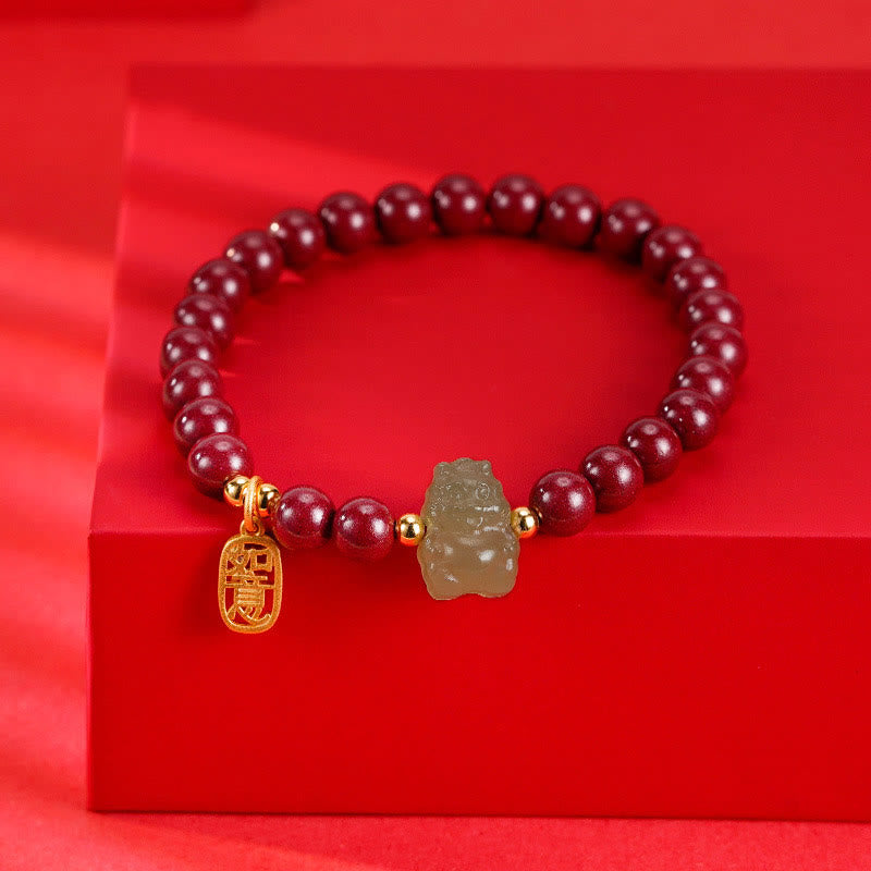 925 Sterling Silver Year of the Dragon Natural Cinnabar Hetian Jade Dragon Fu Character Ruyi As One Wishes Charm Blessing Bracelet
