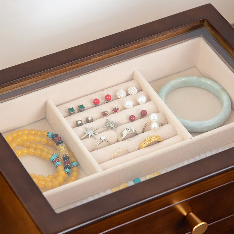 Retro Handcrafted Solid Wood Multi-Layer Jewelry Storage Box with Drawer