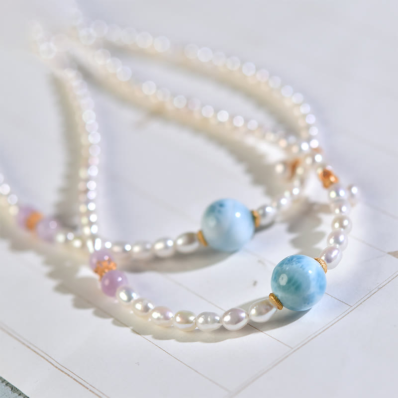 925 Sterling Silver Natural Pearl Larimar Sincerity Necklace Pendant