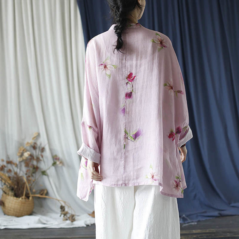 Pink Flower Print Frog-button Design Batwing Long Sleeve Ramie Linen Jacket Shirt