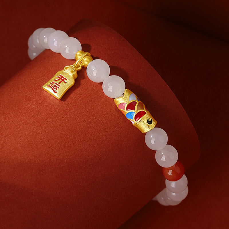 925 Sterling Silver Koi Fish Red Agate & Hetian White Jade Beaded Bracelet
