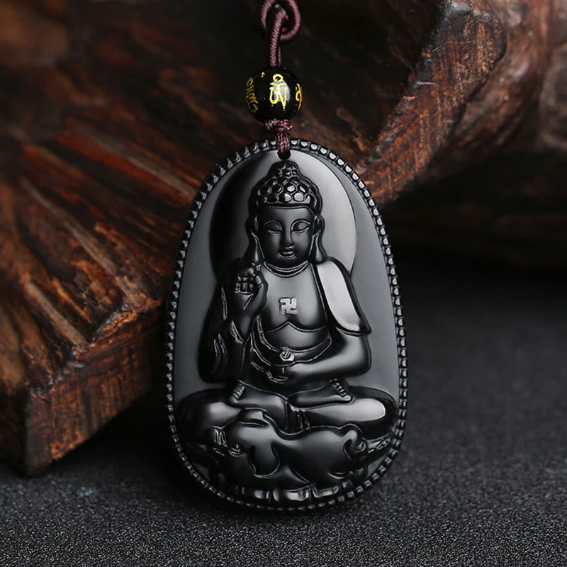 Chinese Zodiac Natal Buddha Natural Black Obsidian Purification Necklace Pendant