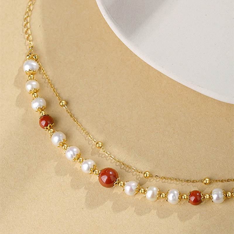 925 Sterling Silver Pearl Cinnabar Wisdom Bead Double Layer Chain Bracelet