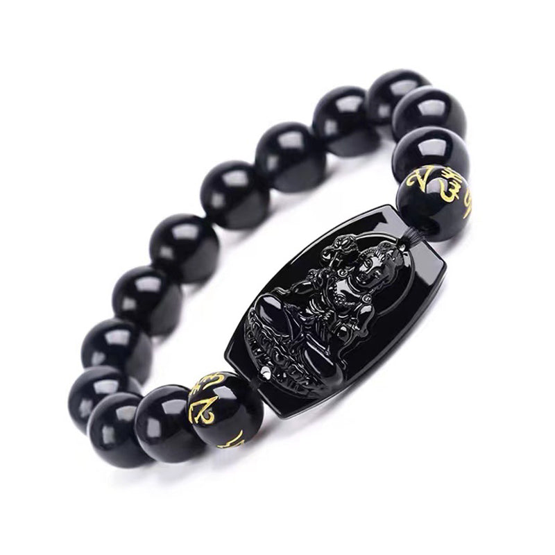 Hand-Carved Black Obsidian Om Mani Padme Hum Chinese Zodiac Beaded Bracelet