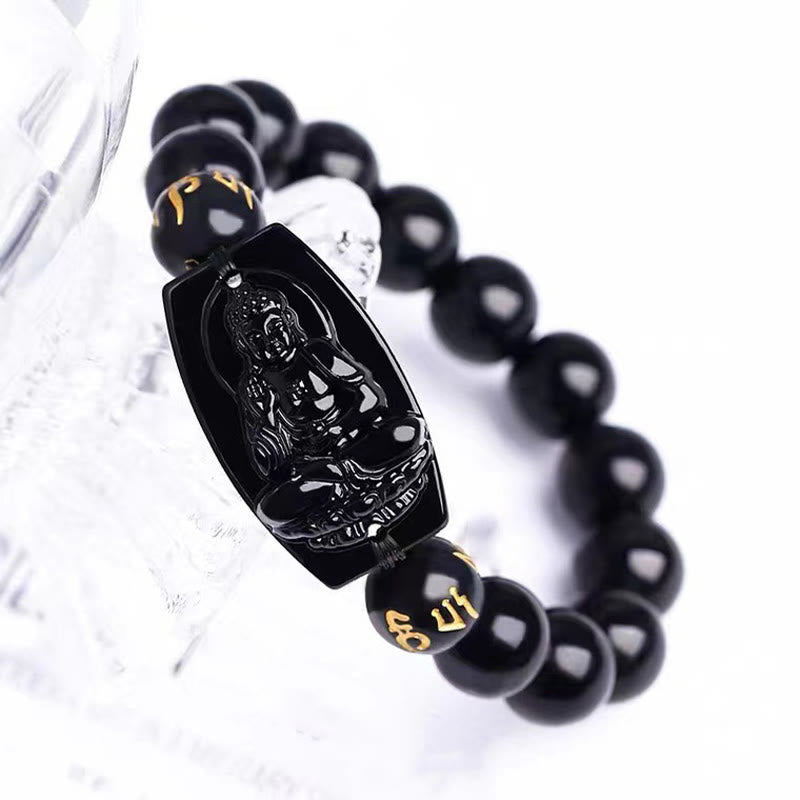 Hand-Carved Black Obsidian Om Mani Padme Hum Chinese Zodiac Beaded Bracelet