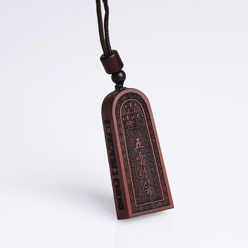 Lightning Struck Jujube Wood Taoist Five Thunder Order Luck Protection Necklace Pendant
