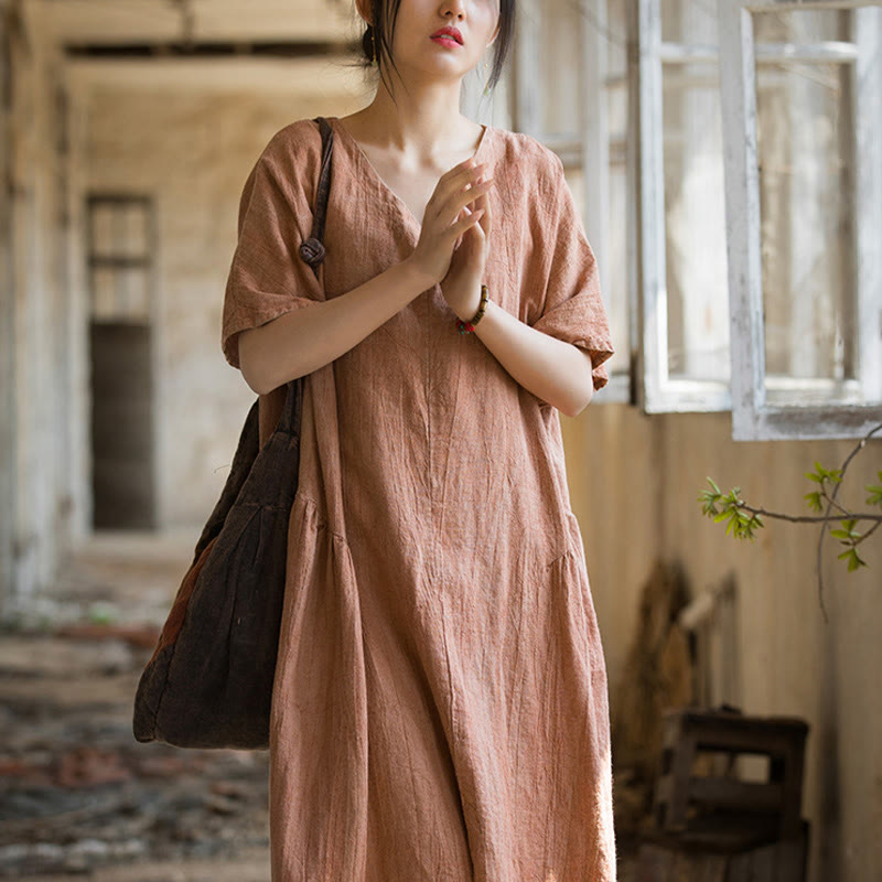Handmade Tie Dye V-Neck Midi Dress Linen Short Sleeve Dress