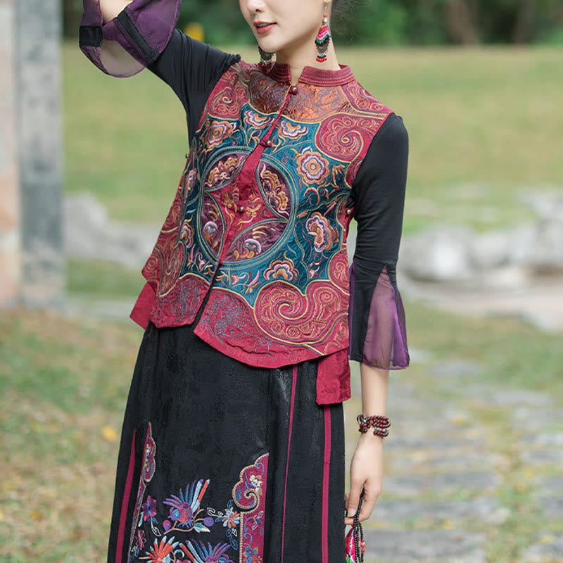 Vintage Style Embroidery Flower Tang Suit Design Sleeveless Vest