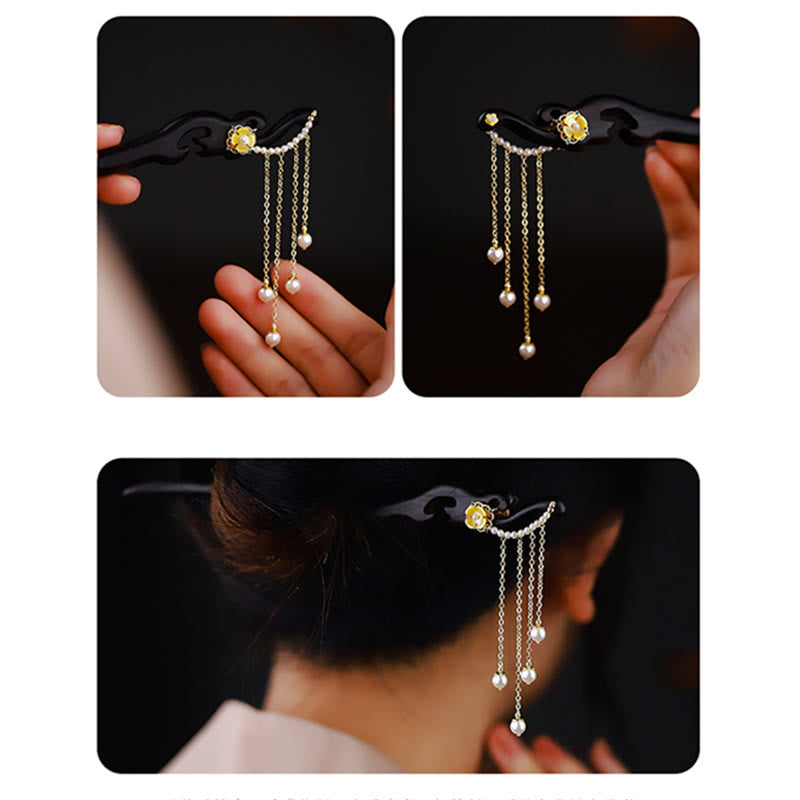 Ebony Wood Yellow Flower Pearl Tassels Hairpin