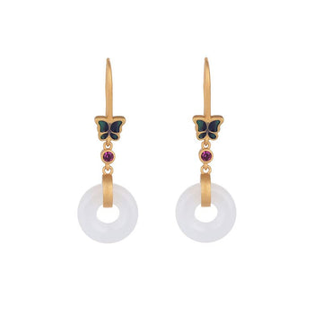 Handcrafted White Jade Butterfly Copper Dangle Earrings