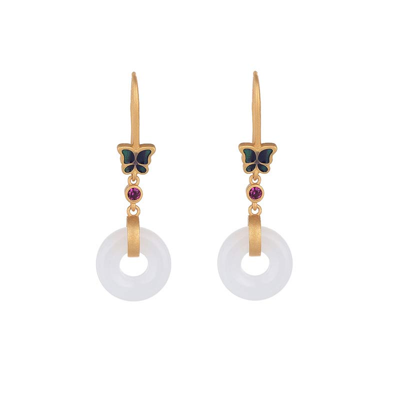 Handcrafted White Jade Butterfly Copper Dangle Earrings