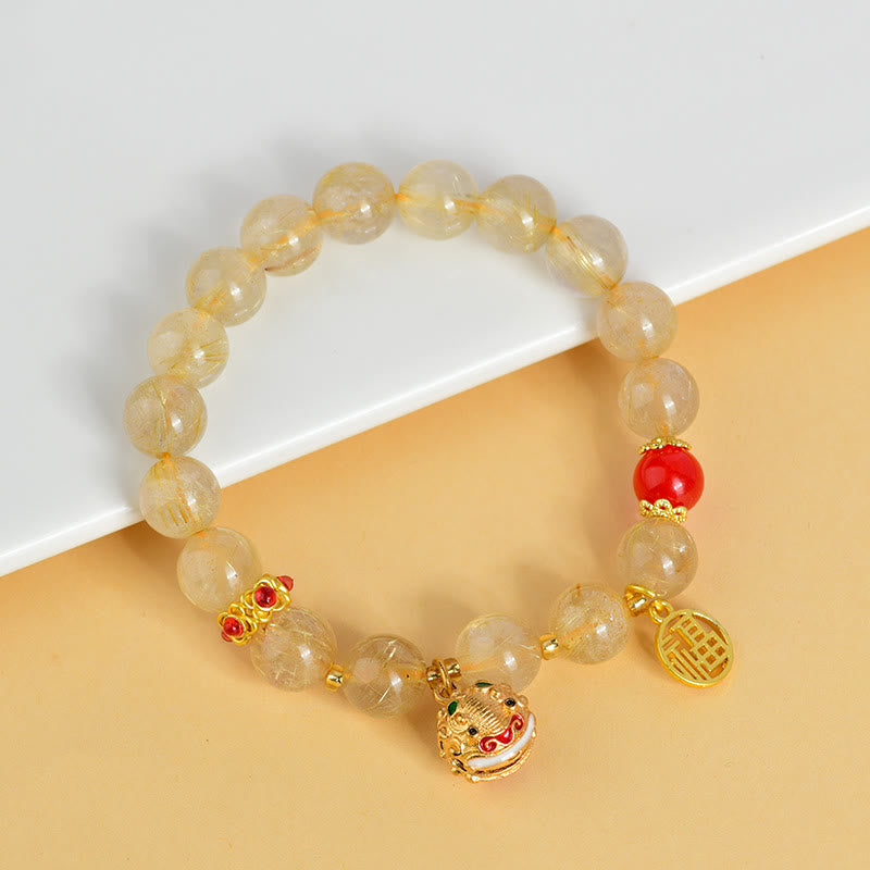 Natural Golden Rutilated Quartz Bracelet with Fu Character Charm and Ritual Bell