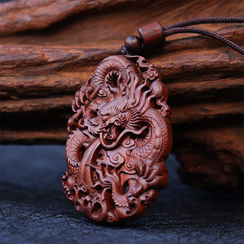 Lightning Struck Jujube Wood Double Dragon Relief Ward Off Evil Spirits Necklace Pendant