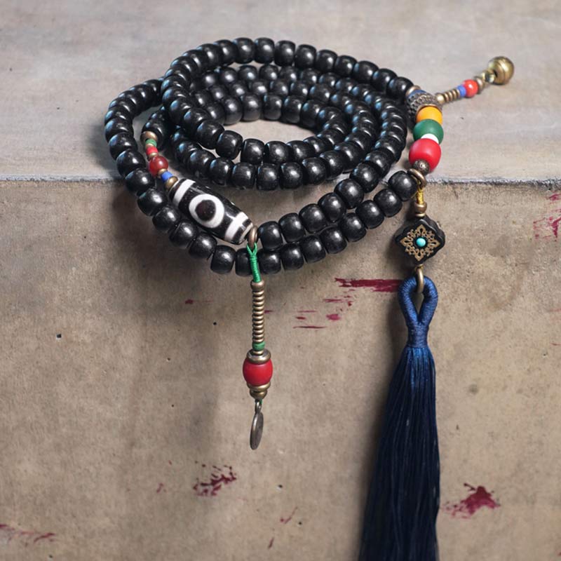 108 Beads Mala Ebony Wood Dzi Bead Copper Balance Tassel Bracelet