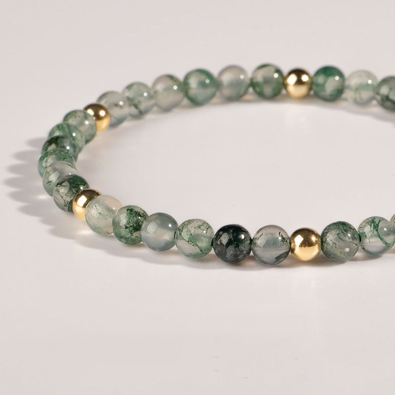 Moss Agate Beaded Bracelet with Copper Golden Accents, Adjustable Fit (14-19cm)