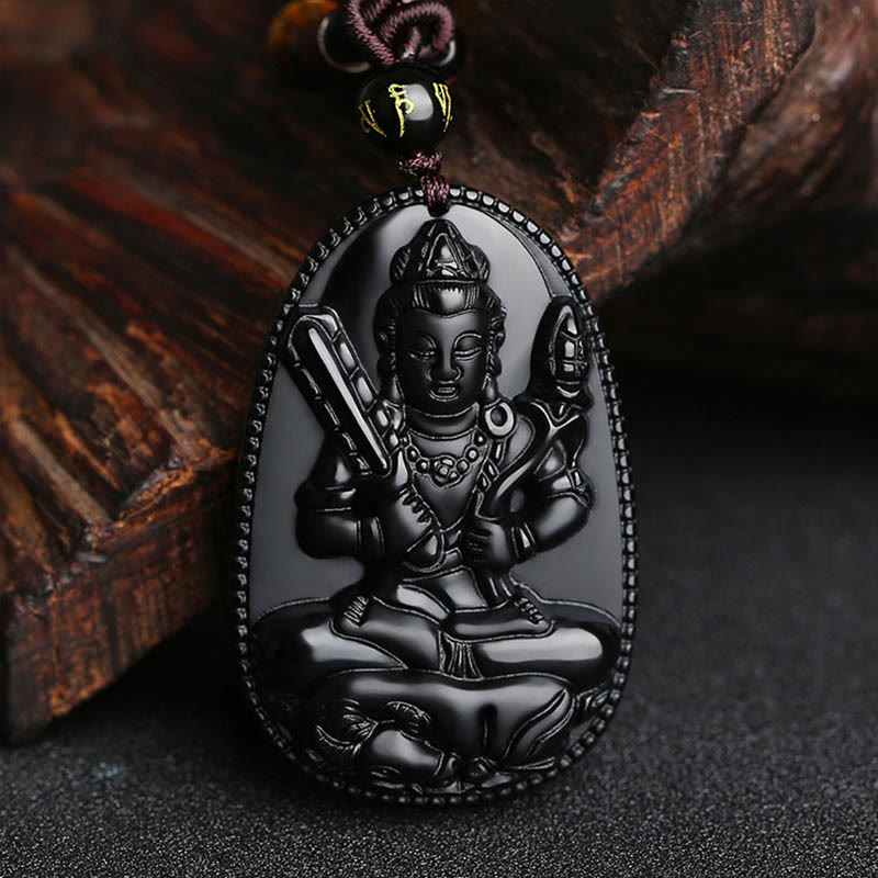 Chinese Zodiac Natal Buddha Natural Black Obsidian Purification Necklace Pendant