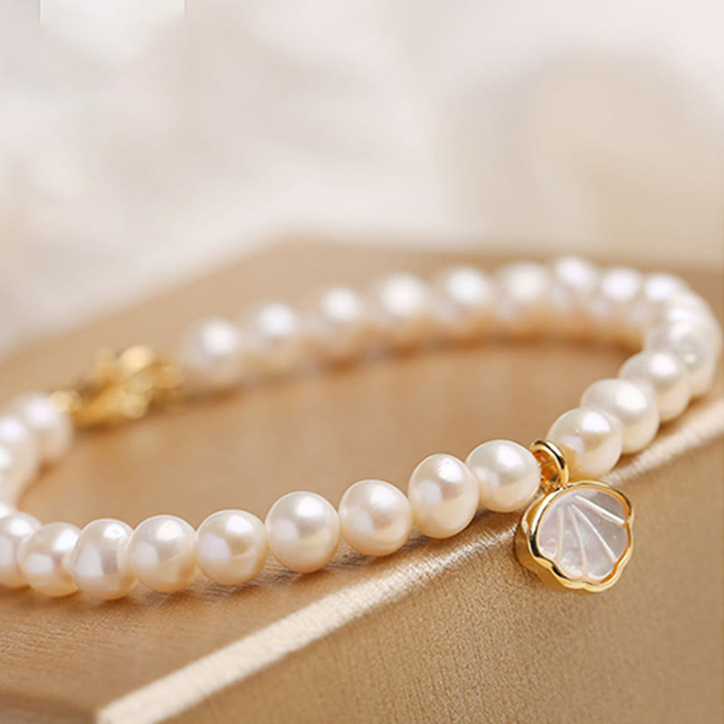 14K Gold Plated Natural Pearl & Seashell Charm Bead Bracelet with Amethyst or Red Agate