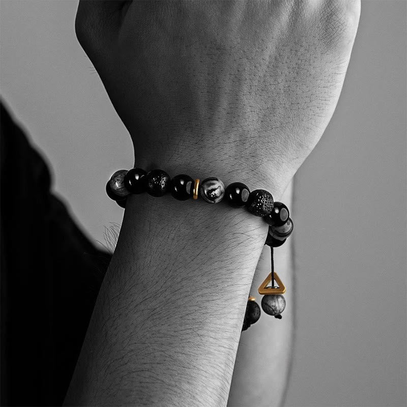 Yin Yang Balance Beaded Bracelet with Black Obsidian and Lava Stone