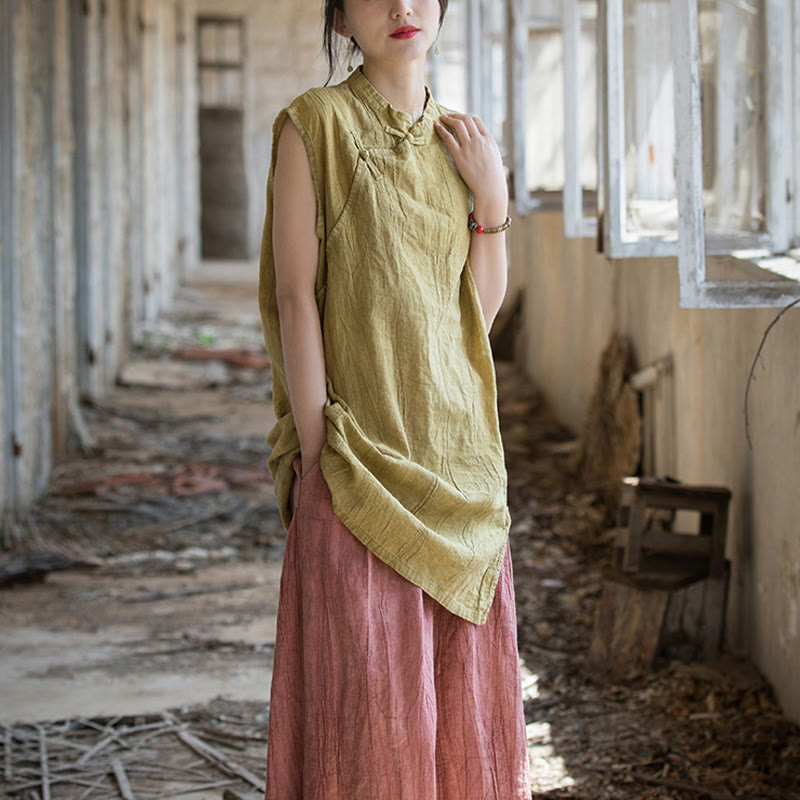 Handmade Tie Dye Ramie Linen Frog-Button Sleeveless Vest