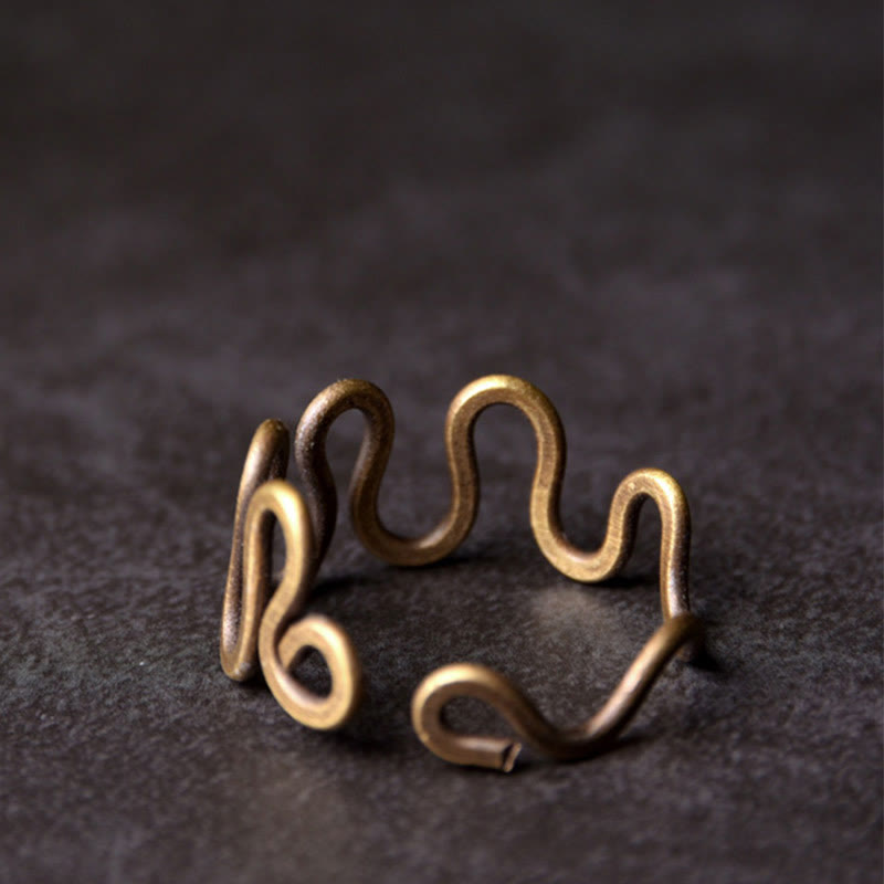 Simple Curved Brass Design Copper Luck Wealth Adjustable Ring