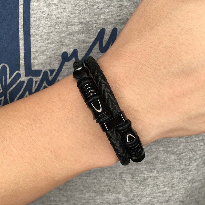 Minimalist Layered Braided Leather & Titanium Steel Bracelet
