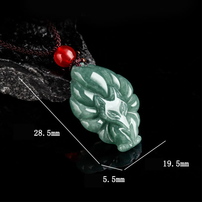 Natural Green Jade Nine Tailed Fox Luck Necklace Pendant