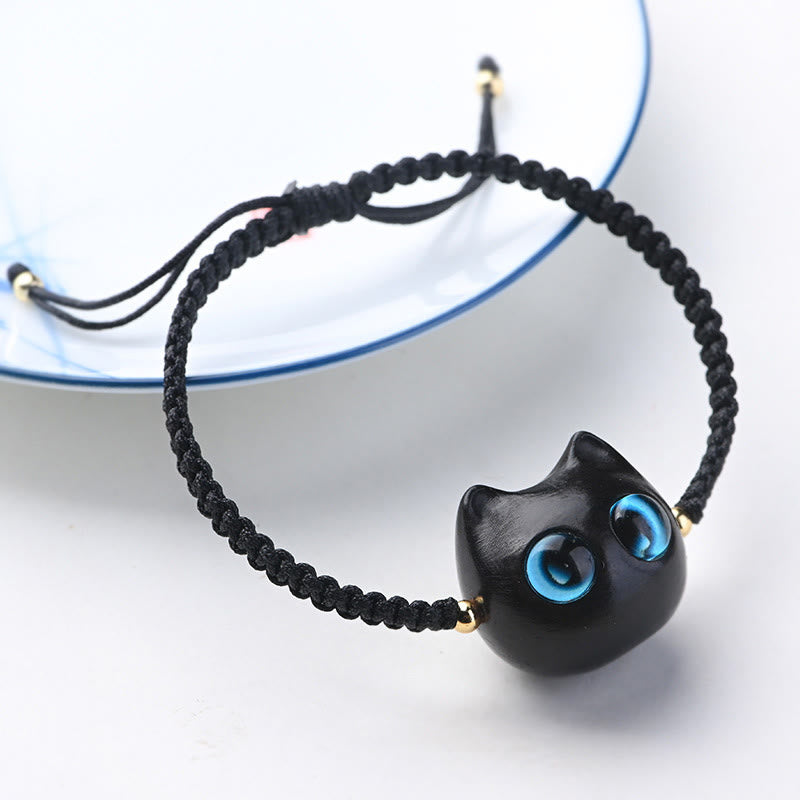 Small Leaf Red Sandalwood Ebony Wood Cute Cat Head Calm Protection Braided Bracelet