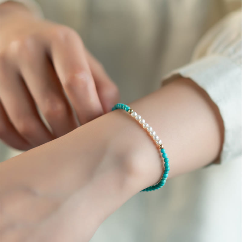 Handcrafted 925 Sterling Silver Natural Turquoise and Pearl Beaded Gold-Tone Bracelet
