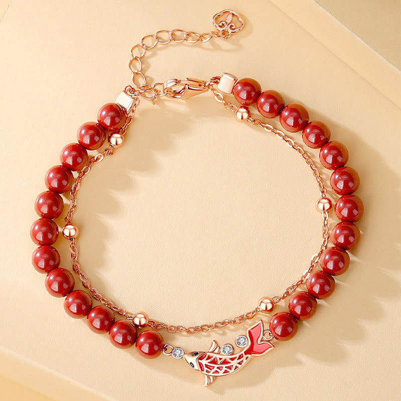 Polished 925 Sterling Silver Koi Fish Charm Bracelet with Cinnabar and Zircon Double Layer Chain