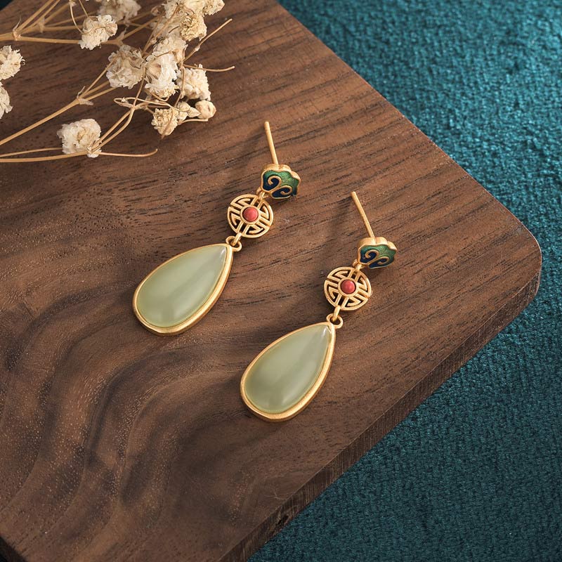 Handmade Jade and Copper Double Happiness Symbol 36mm Drop Earrings