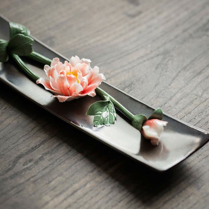 Zeniora Ceramic Incense Burner with Peony & Lotus Motifs for Mindful Ambiance
